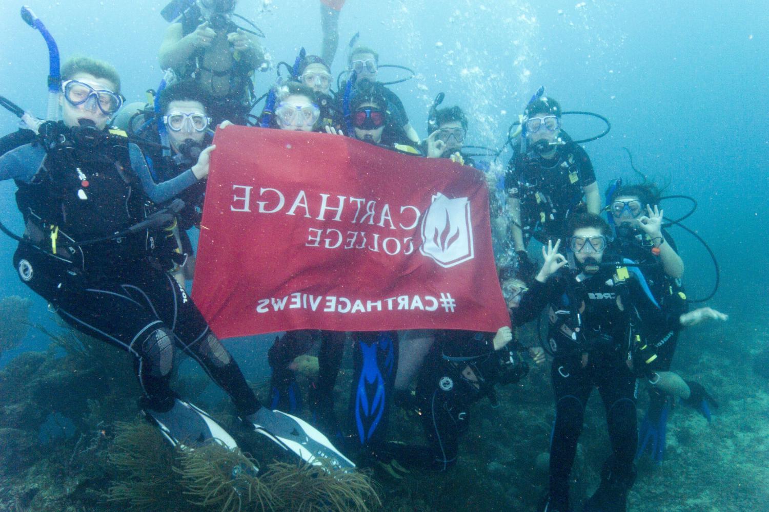 学生们手持<a href='http://movkc.7xyi.com'>博彩网址大全</a>旗帜，在j学期洪都拉斯游学之旅中潜水.